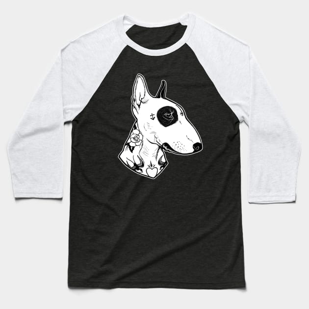 Dog Tattooed Bull Terrier Baseball T-Shirt by PaperTigress